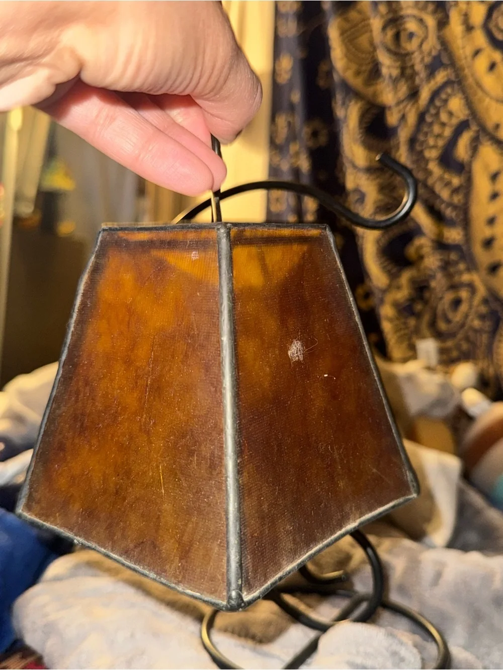 Hanging Lantern on Curved Black Metal Stand